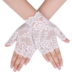 Women's Short St120-White Lace Open Half Finger Gloves Wedding Party Prom